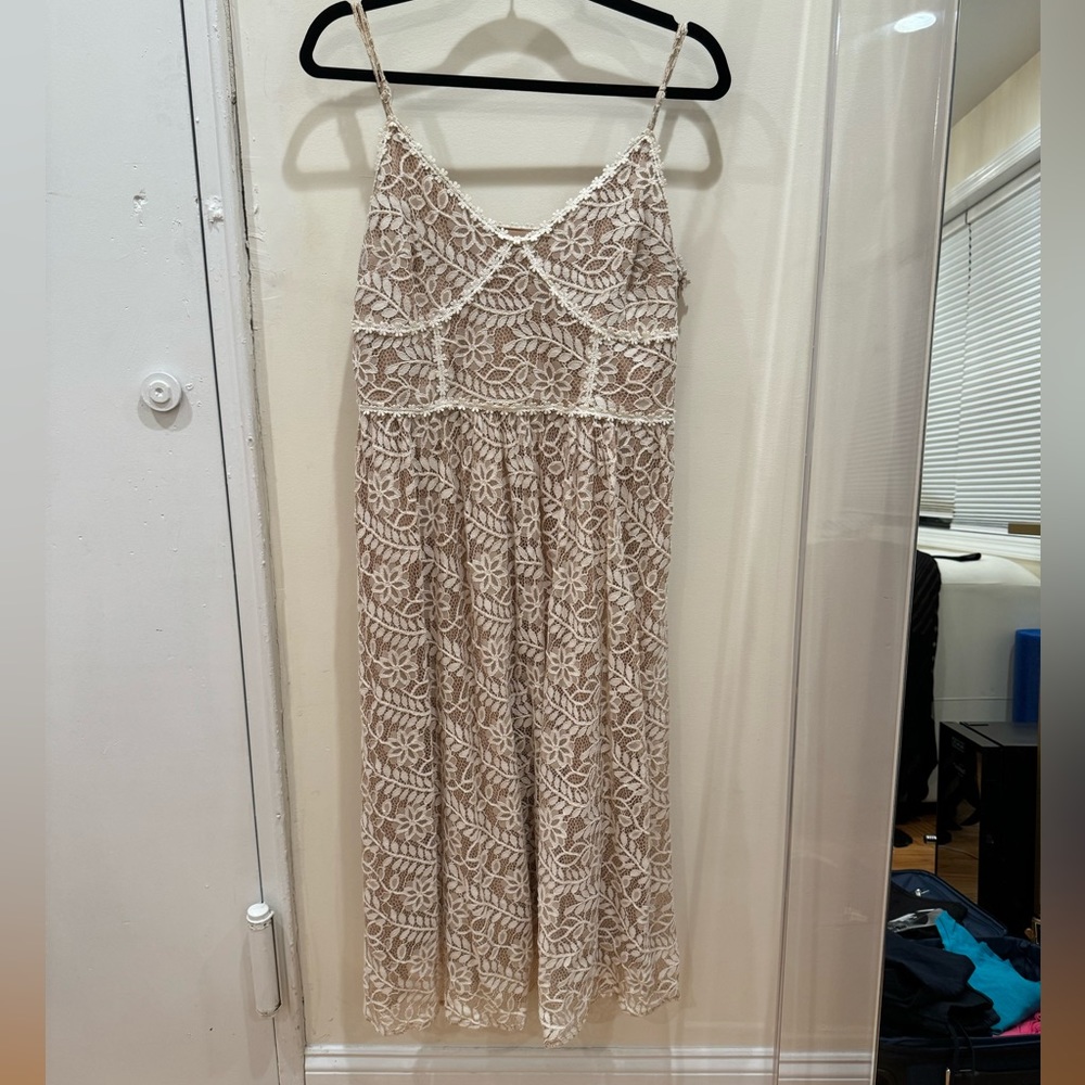 White Floral Lace Beige Midi Dress